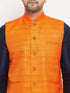 Vastramay Men's Orange Matka Silk Nehru Jacket With Navy Blue Silk Blend Kurta and Pant style Pyjama Set